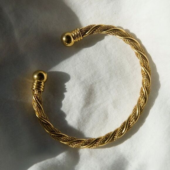 Gold Twisted Mesh Cuff Bangle Bracelet Stainless Steel Braided Retro Style - Picture 2 of 8